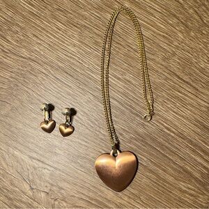 Coppercraft Guild Vintage Copper Heart Necklace and Clip-On Earrings Set 17.5”